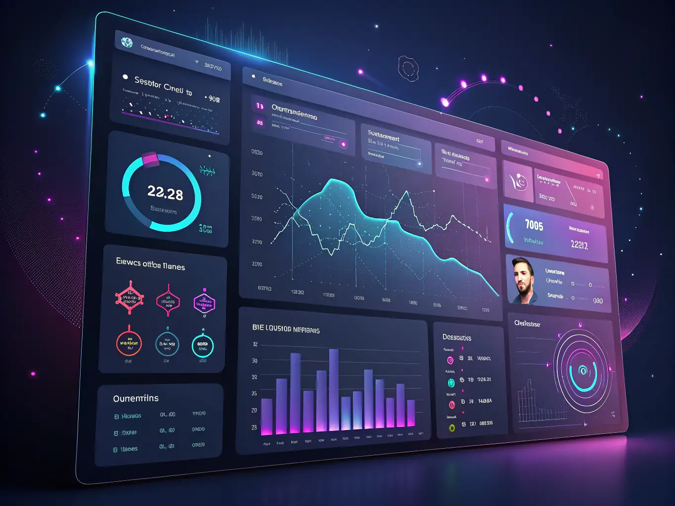 A detailed screenshot of the AROS platform's user interface, showcasing its project dashboard with various data points and analysis tools, set against a clean, professional background.