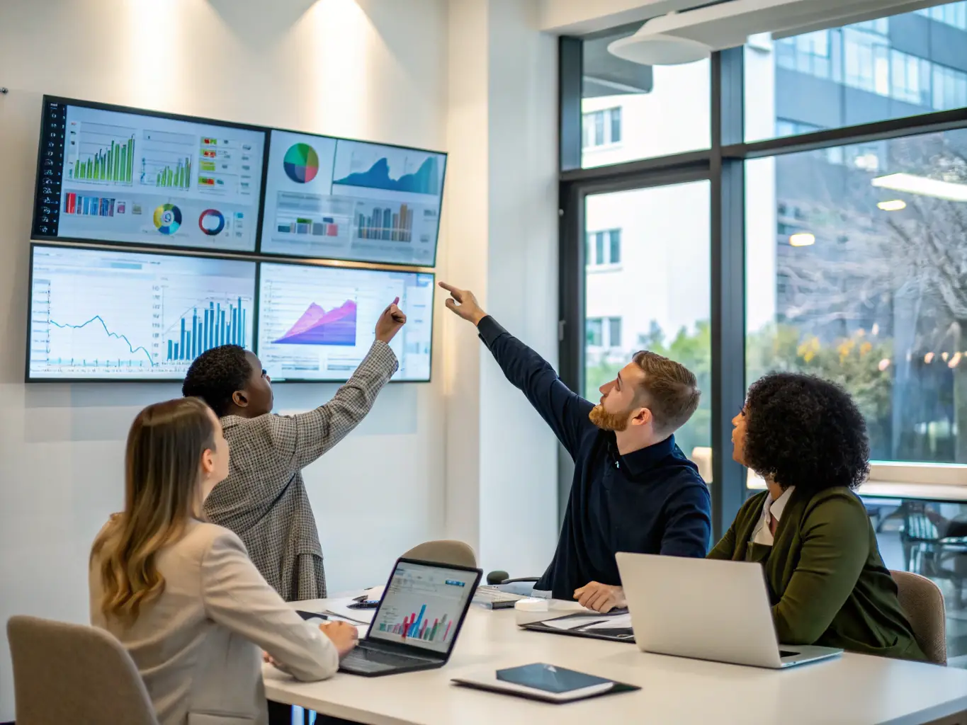 An image depicting a diverse team of restoration professionals collaborating around a large interactive screen displaying AROS data, emphasizing teamwork and informed decision-making.
