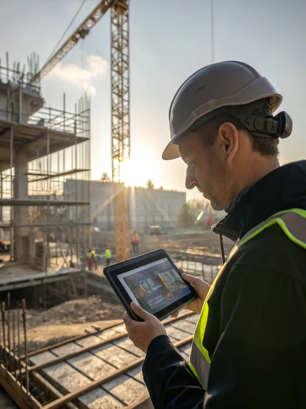 A professional restoration specialist using AROS software on a tablet at a job site, showcasing the platform's ease of use and accessibility.